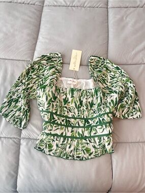 Green Leaf Print Puff Sleeve Top Allie Rose